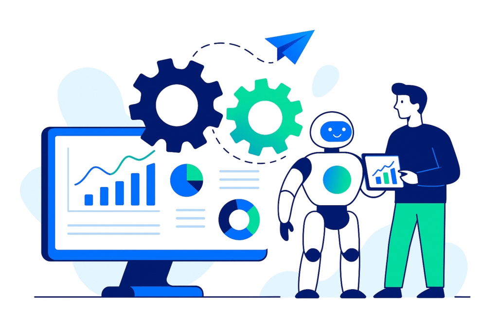 ilustracja człowieka i robota na tle dashboardu