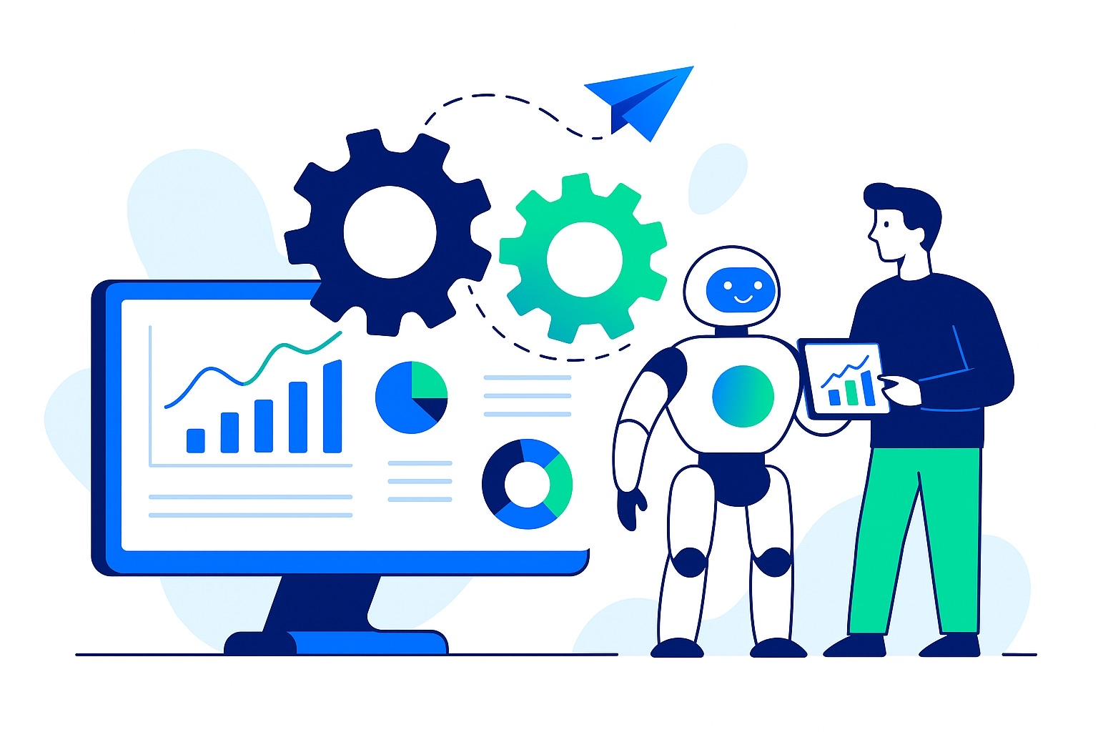 ilustracja człowieka i robota na tle dashboardu