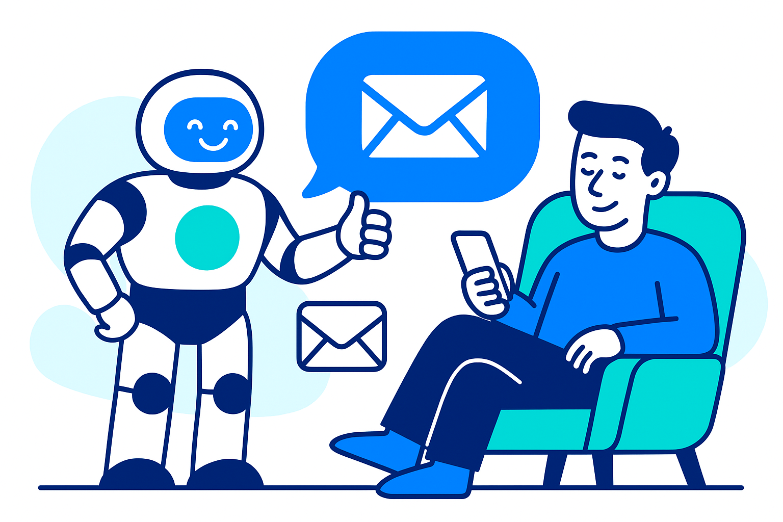 ilustracja człowieka siedzącego w fotelu i piszącego na smartfonie obok niego stoi uśmiechnięty robot z kciukiem w górę